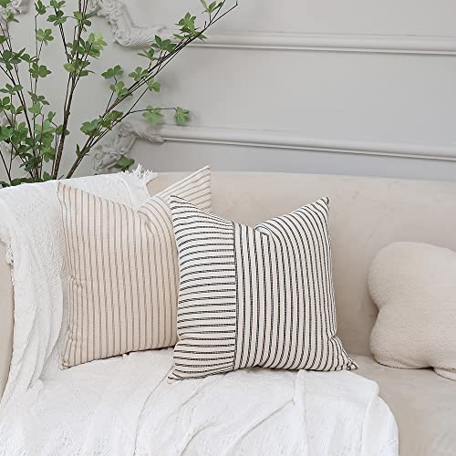 Hckot Khaki And Beige Patchwork Farmhouse Throw Pillow Covers 20 X 20 Inch, Pack Of 2 Striped Linen Decorative Pillow Case For Sofa Couch Chair Bedroom Modern Decor (20" X 20", Khaki) #TOP4