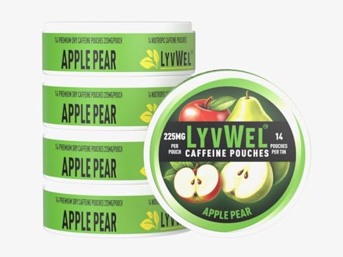 Image of LyvWel 225mg Caffeine Pouches, Guarana-Powered Energy Pouches, Nootropic Pouches, Nicotine Free Pouches & Tobacco-Free (5 Pack, Apple Pear)