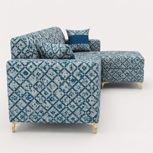 Image of FURNY Signature Regalia 4-Seater L-Shape Sofa Set with Movable Ottoman | Flexible LHS /RHS Layout | Tapestry Fabric | 40D Foam + Zigzag Spring | 3-Yr Warranty (Lagoon Mosaic Blue)