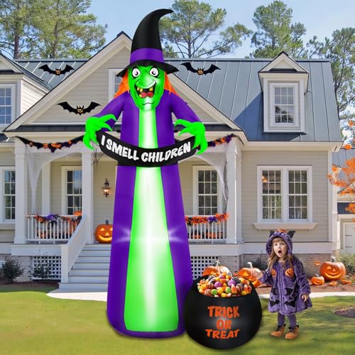 BRDJade 8Ft Halloween Inflatables Witch Outdoor Decorations with Candy Cauldron Scary Blow Up Witch Holds I Smell Children Banner Inflatable Halloween Build-in LEDs for Party Yard Lawn Garden Decor