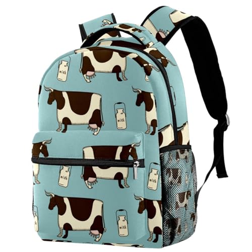 Sac à dos d'école multicolore de 29.4x20x40cm imprimé vache et bouteille de lait
