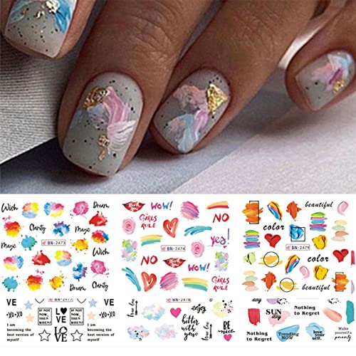 12Designs Nail Water Decals Nail Art Sticker Color Block Love Heart Water Decals Gay Pride Day Letter Rainbow Nail Sticker Geometry Line Watercolor Marble Sliders Manicure Decoration #TOP5
