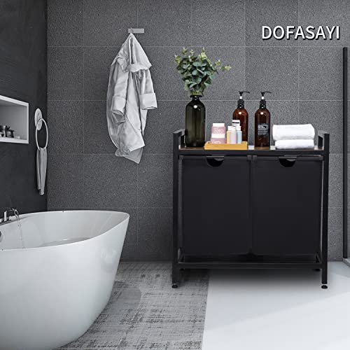 Dofasayi Laundry Basket, Double Laundry Hamper, Pull-Out And Removable Laundry Bags, Metal Frame, Oxford Fabric, Wooden Shelf, 2 X 50L, 29 X 13.8 X 29.13 Inches, Black #TOP4