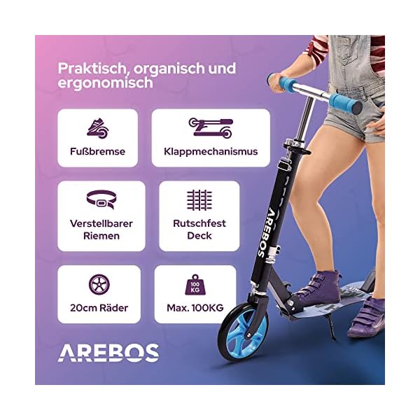 Arebos Cityroller Tretroller Grün Scooter höhenverstellbar | klappbar | inkl. Traggurt | XXL Räder | Tritt-Bremse | für Kinder und Erwachsene | bis 100kg belastbar | Kickroller | Kickscooter – Bild 4