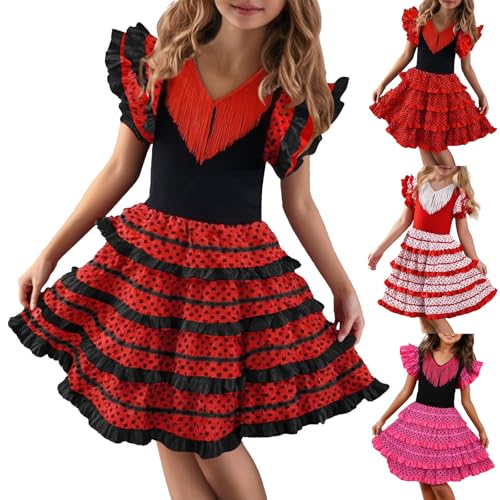 Robe Espagnol Flamenco pour Fille 2-14 Ans Déguisement de Séville Rouge Noir Volants Pois Bretelles réglables Ligne A Robe espagnole Andalou Danse Espagnole Costume Traditionnel (12-13 Years)