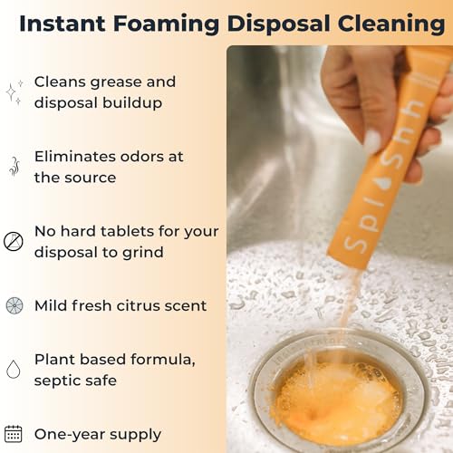 Image of SplaShh Foaming Garbage Disposal Cleaner and Deodorizer, 25 Instant Foaming Powder Packets, 12-Month Supply, Mild Citrus Scent, Kitchen Sink Disposer Cleaner, Drain Odor Eliminator & Freshener
