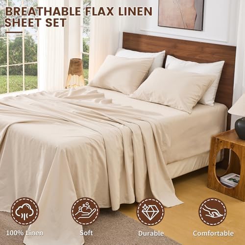Bedlifes 100% French Linen Sheets King Size 18-24”Extra Deep Pocket 4-Piece Set Breathable & Moisture-Wicking,Soft & Durable Sheets for Thick Mattresses(Linen)