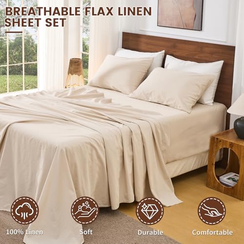 Image of Bedlifes 100% French Linen King Bedding Set - 18-24 inch Extra Deep, 4-Piece | Soft & Durable, Breathable & Cooling, Flax Linen Sheet, OEKO-TEX Certified, Moisture Wicking, Easy Care, Machine Washable