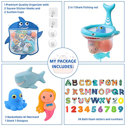 Baby Bath Toys With Organizer Bag 36 Foam Bath Letters And Numbers, 3 Light Up Animal & 3 Bath Basketball,Fishing Net For Fish Catching And Pitching Game - For Babies Toddlers Bathtub Time #TOP5