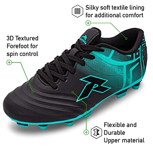 RUNIC Soccer Cleats for Men and Boys – Firm Ground Cleats with Multi-Shaped Studs - Textured Forefoot- Soft Lining -Flexible Upper - Reinforced Stitching - Black/Gold - 63