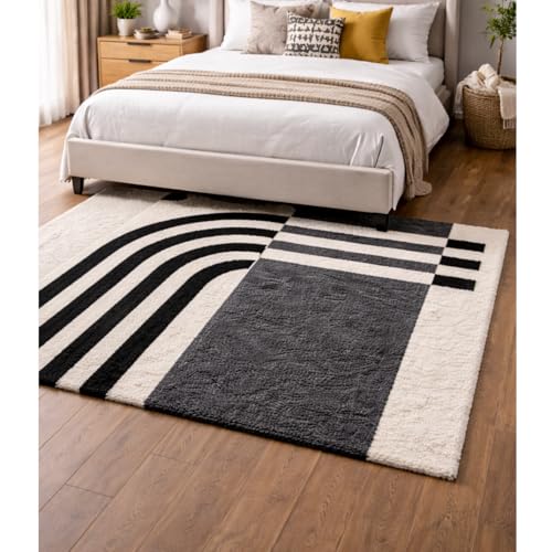 Image of 4x6 feet Shaggy Polyester Abstract Modern Area Rug - 2 Inch High Pile Ultra Soft Plush Carpet for Living Room, Bedroom & Kids Room, Thick Fluffy Rug for Indian Home Decor E - Rectangular