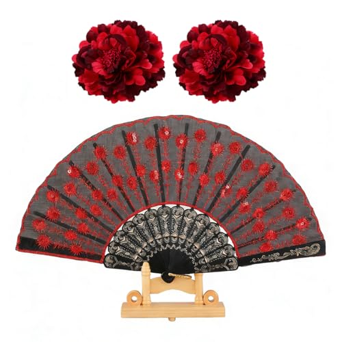 WUYJI Pinces pour femme Deux pinces à cheveux pivoine rouge et un éventail, fleurs artificielles,convenant aux cheveux épais et fins,style flamenco, grandes...