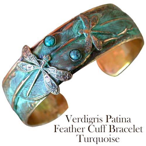 Elaine Coyne Patina Dragonflies on Feather Wearable Art Cuff Bracelet with Turquoise2