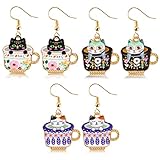 BeYumi 3Pairs Dangling Cat Earrings Kawaii Aesthetic Funny Cartoon Kitten Floral Teacup Alloy Drop Dangle Earrings With Hypoallergenic French Hook Animals Lover Gifts Party Favors for Kids Girls Women