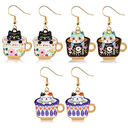 BeYumi 3Pairs Dangling Cat Earrings Kawaii Aesthetic Funny Cartoon Kitten Floral Teacup Alloy Drop Dangle Earrings With Hypoallergenic French Hook Animals Lover Gifts Party Favors for Kids Girls Women