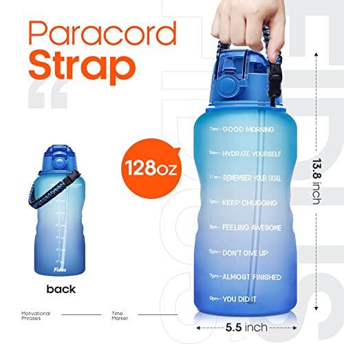Fidus Large 1 Gallon Motivational Water Bottle with Paracord Handle & Removable Straw - BPA Free - Blue/Purple Gradient