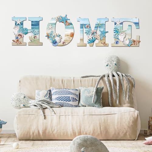4 Pcs Wood Home Signs - Coastal Beach Style Signs With Blue Starfish and Shell Wall Decor for Home, Living Room, Kitchen, Bedroom - Image 5