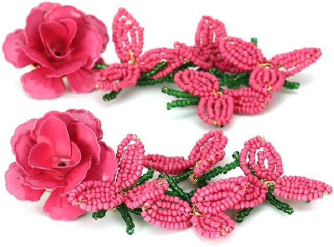 Plant Flower Earrings for Women, Braided Tassel Beaded Floral Statement Dangle Earrings, Hypoallergenic Cute Leaf Cluster Drop Earrings, Zinc, No Gemstone - Image 6