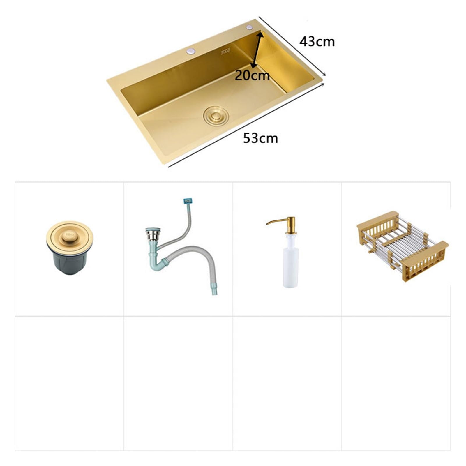 Fregadero De Cocina Dorado Sobre Encimera, Cuenco Individual Acero Inoxidable 304, Escurridor Cesta Dorada, Dispensador Jabón, Lavabo FáCil De Limpiar Y Mantener(53x43 A)