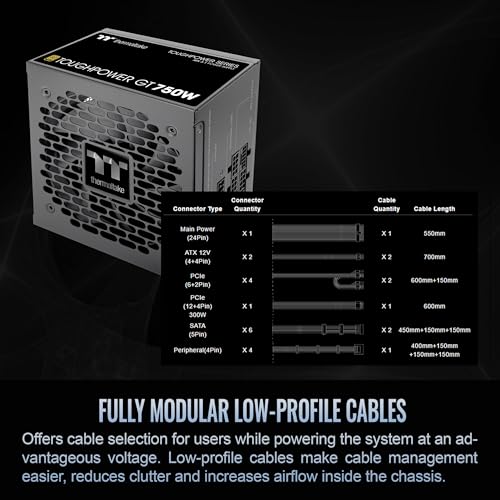 Image of Thermaltake Toughpower GT 750W ATX 3.1 Standard Power Supply; 80 Plus Gold Efficiency; Smart Zero Fan; Native 300W PCIe 5.1 Connector; PS-TPT-0750FNFAGU-3; 5 Year Warranty