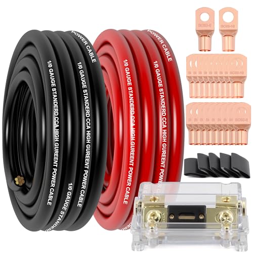 1/0 Gauge Wire Copper Clad Aluminum CCA (20Ft Each Black/Red) Primary Automotive Wire,1Pcs 250A ANL Fuse Holder,Battery Cable for Car Audio Speaker,Solar,RV Trailer Amp Wiring