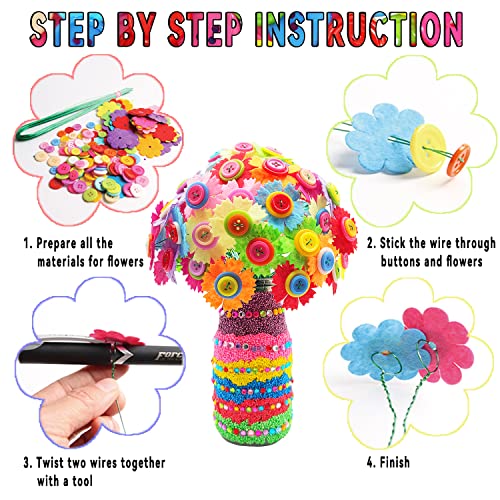Crafts For Girls Ages 6-12 Make Your Own Flower Bouquet With Buttons And Felt Flowers, Vase Art And Craft For Children - Diy Activity Christmas Birthday Gift For Girls Age 6 7 8 9 10 11 12 Year Old #TOP2