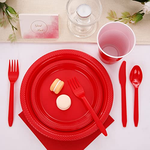 WELLIFE 210 Pieces Red Party Supplies Disposable Dinnerware Set, Including Red Plastic Plates, 12OZ Cups, Plastic Cutlery and Paper Napkins Serve 30 Guests for Party - Thumbnail 5