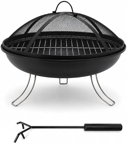 Portable Fire Pit 18.5 Inch Folding Wood Burning Outdoor Firepit with Spark Screen Cover, Chrome BBQ Cooking Grid & Poker for Camping, Braai, Patio & Garden