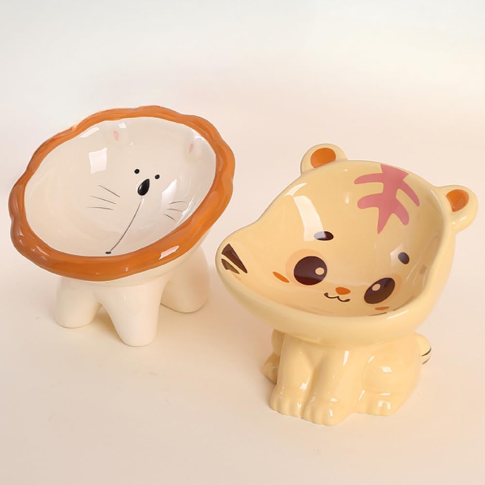 Cartoon Lion and Tiger Shaped Ceramic Bowl Handmade Cat Food Bowl 2-Piece Set