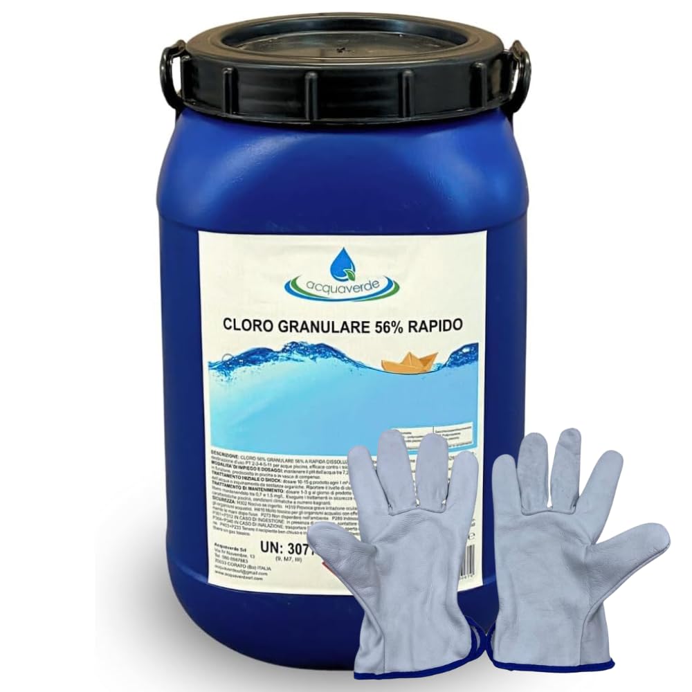 acquaverde | Cloro Granulare 56%, Dicloro a Rapida Dissoluzione per Trattamento Shock e Mantenimento Acqua di Piscina, 25 kg + Set Guanti Incluso