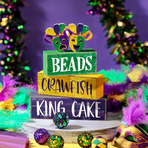 Image of Moucuny 4 Pcs Mardi Gras Table Decorations Wooden Mask Decor Purple Golden Green Carnival Tiered Tray Decor Mardi Gras Centerpieces Decorative Masks Block Signs Gift for Masquerade Party Home Kitchen