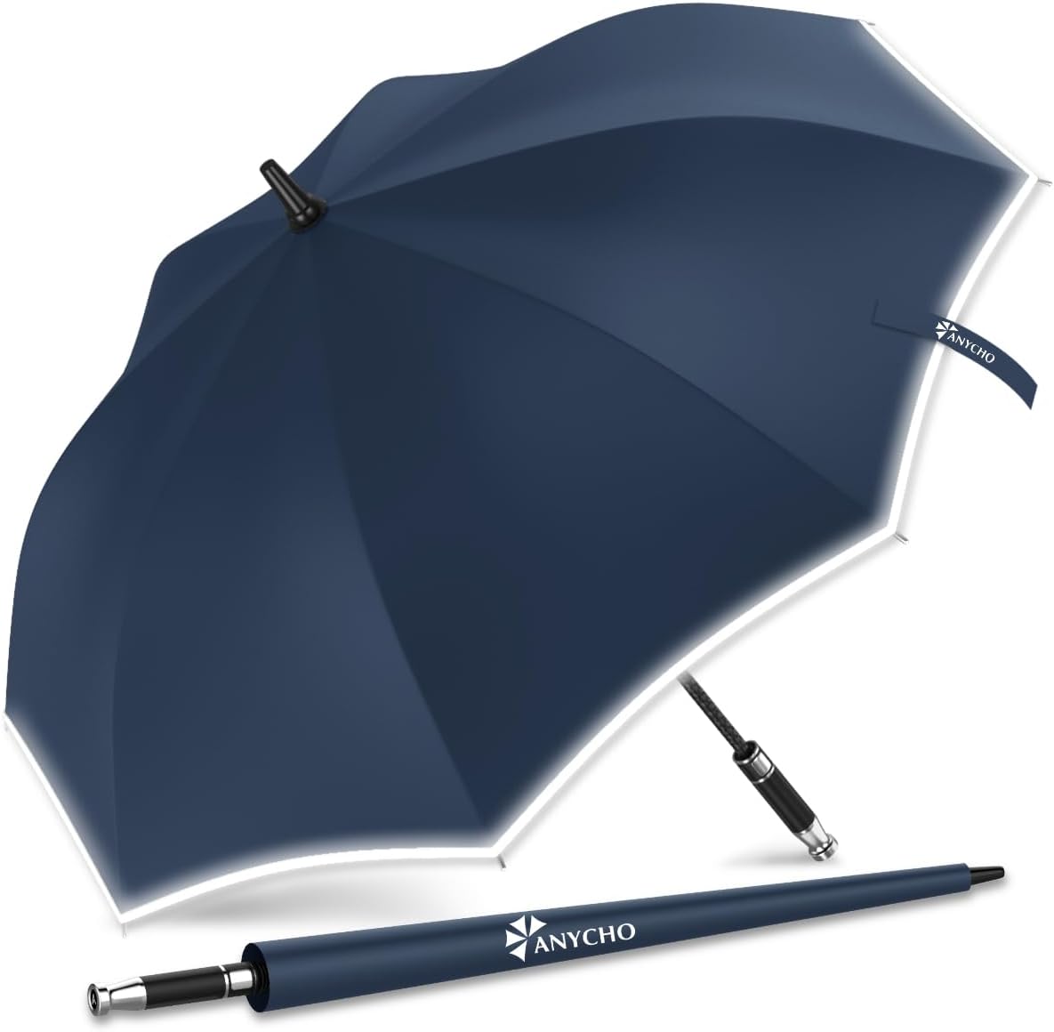 ANYCHOBig Umbrella for Men, Large Umbrella with Reflective Stripe for Women and Family, Windproof, UV Protection Auto Open Golf Umbrella Big Size for 2-4 Men (Dark Blue)