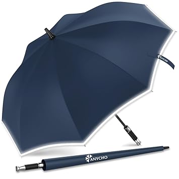 ANYCHO Big Umbrella for Men, Large Umbrella with Reflective Stripe for Women and Family, Windproof, UV Protection Auto Open Golf Umbrella Big Size for 2-4 Men (Dark Blue) - image, photos