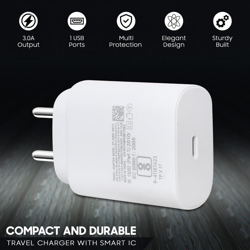 Image of 25W Type C Charger Compatible with Samsung A16 /M05 /A05 /A35 /M35 /F05 /M15, F15 /A15 /A14 /M14 /F14 /A34 /M34 /F34 /S24 Ultra, S23 /S23 fe /Z fold /flip /6 /5 /4 /3, Fast Charger for Phones & Tab Type C Adapter -F WHITE