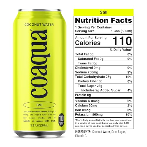 CoAqua Organic Coconut Water, 12 Pack, Natural Electrolytes for Hydration, Naturally Sweet Electrolyte Drink Potassium, Pure Coconut Water Not from Concentrate, Fat Free, Low Sugar, 16.9 Fl Oz Cans