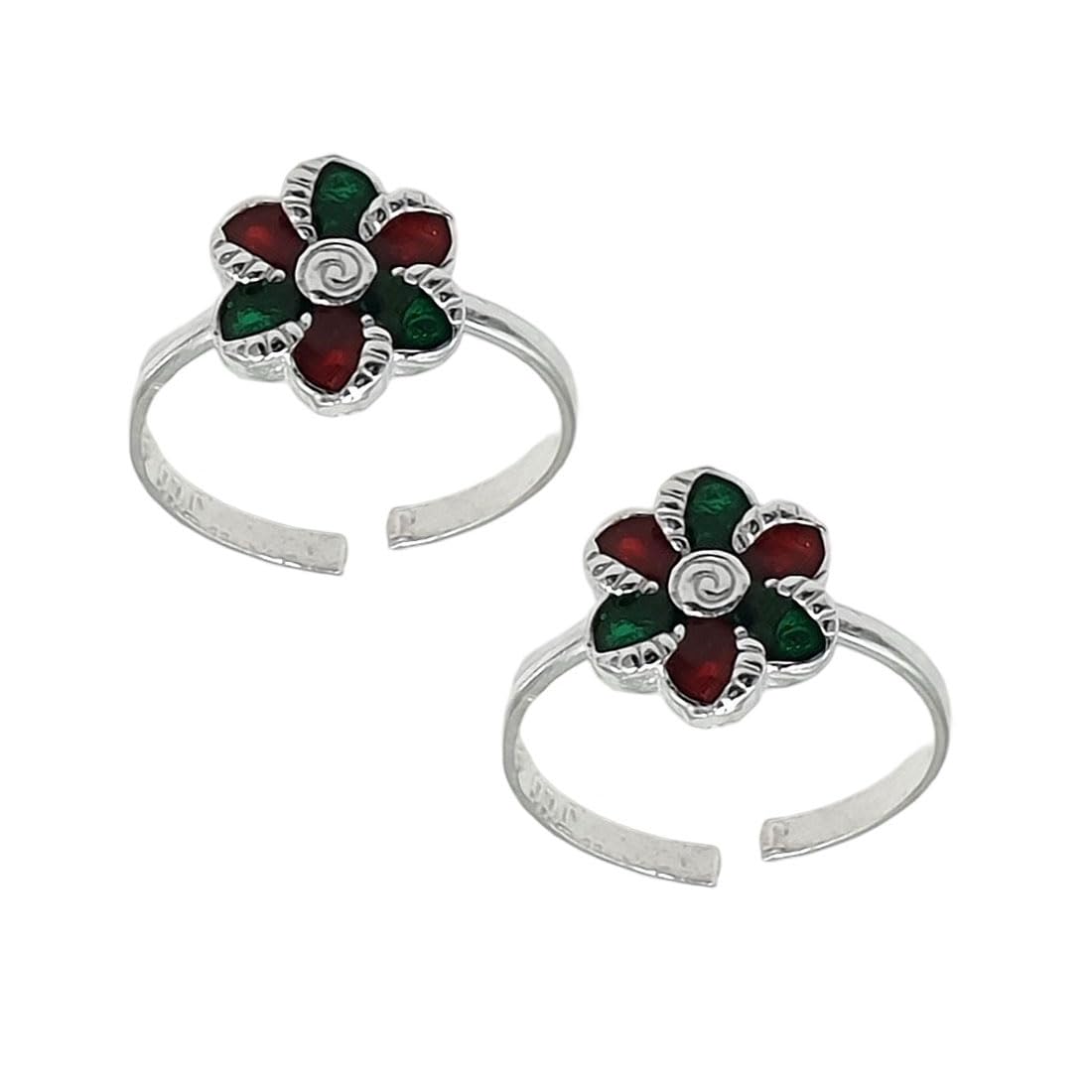 sahiba gems Pure Silver (Chandi) Antique Round Designer Multi Color Toe Rings/Bichiya For Women ~ Pack in 2 Pieces Set-picture-8