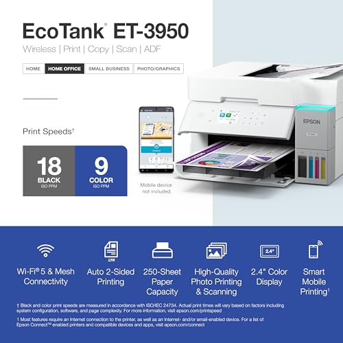 epson ecotank et-3950 wireless all-in-one color supertank printer with up to 3 years of ink refillable tanks perfect for home office 18 ppm 2434 color screen auto document feeder  white