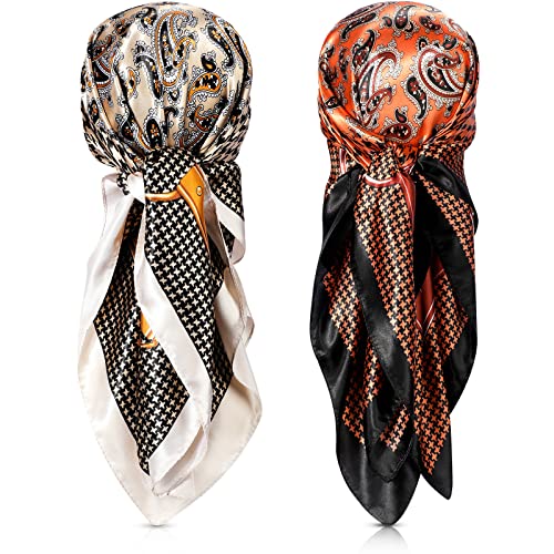 SATINIOR 35 Inch Silky Head Scarf 2 Pcs Large Square Neck Scarf Sleeping Hair Wrapping Satin Bandana for Women(Vintage Color,Vintage Style)
