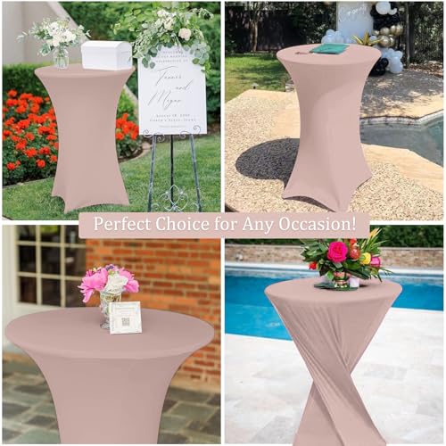 Image of 4 Pack 32x43 Inch Cocktail Table Cover Spandex Stretch Square Corners Tablecloth, Cameo Brown Cocktail Table Cloth Fitted High Top Table for Bar, Weddings, Birthday, Banquet, Party (Cameo Brown)