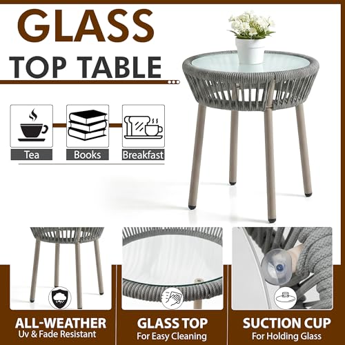 Image of BRISHI Braid & Rope Garden Patio Seating Chair and Table Set Outdoor Balcony Garden Coffee Table Set Furniture with 1 Table and 2 Chairs Set with Cushion (Grey and White), 61 cm , 61 cm , 81.3 cm