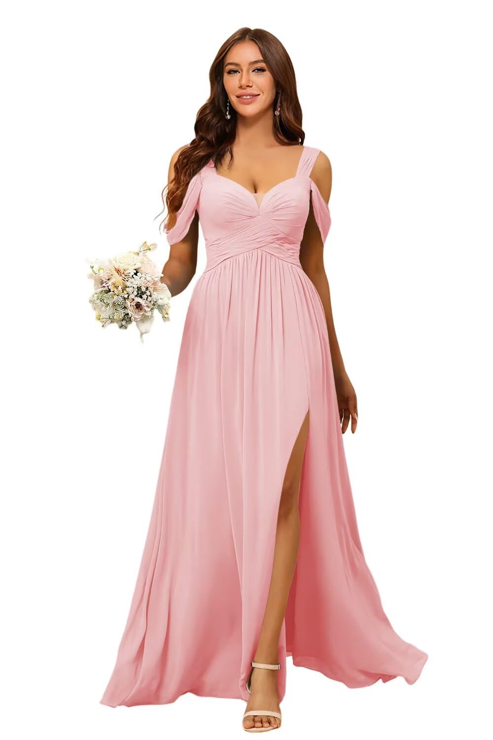 PUXIU Women's Cold Shoulder Bridesmaid Dresses 2025 with Silt Chiffon Pleated Formal Evening Dress PUS061