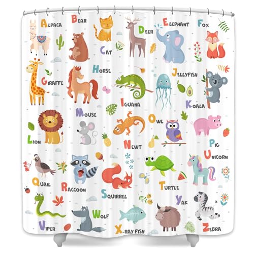 Image of Kids Alphabet Shower Curtain for Bathroom Decor, ABC Educational Learning Tool Bath Curtain,Cute Cartoon Animals Colorful Girls Boys Art Printed Fabric Polyester Waterproof Curtain Sets 12 PC Hooks