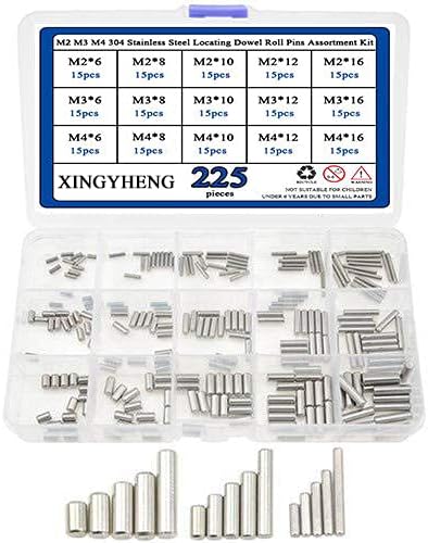 XINGYHENG 225Pcs 15 Kinds M2 M3 M4 304 Stainless Steel Dowel Pins Assortment Kit( Round Straight Pin Fixed Element Set with A Storage Box)