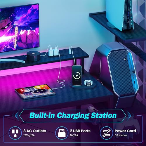 Image of 59 Inch Gaming Desk with LED Lights and Power Outlets, Computer Desk with Storage Shelves, Fabric Drawers, Monitor Stand & Side Hook, Reversible Gamer Table for Home Office, Carbon Fiber Black