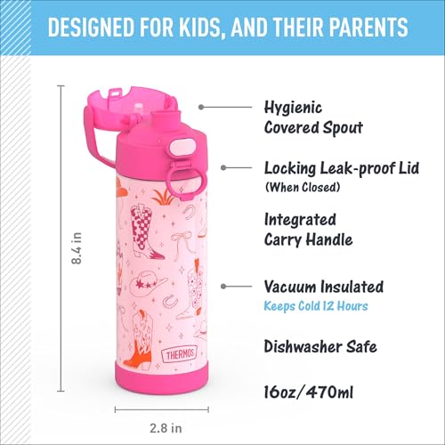 Image of THERMOS FUNTAINER 16 Ounce Stainless Steel Vacuum Insulated Bottle with Wide Spout Lid, Cowgirl Charm