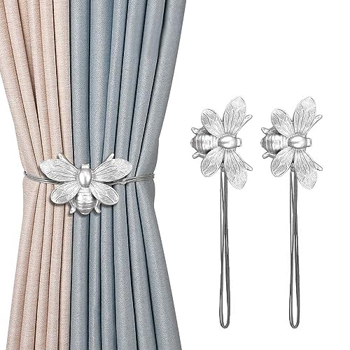 Set di 2 fermatende magnetici in resina, colore argento, motivo: api volanti, accessori decorativi per tende, per esterni, casa, ufficio, fattoria, accessori decorativi per tende