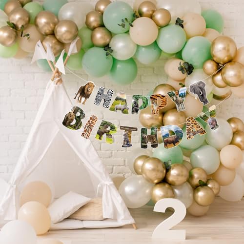 Image of Hooqict Safari Animals Happy Birthday Banner Animal Birthday Party Decorations Party Animal Banner Garland Birthday Decorations for Kids Wild Jungle Zoo Birthday Party Supplies