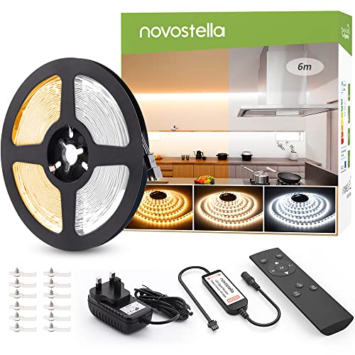 NOVOSTELLA 6M White LED Strip Lights Warm White Daylight Cool Soft 3000K-6500K, Dimmable Tunable LED Tape Light with RF Remote, Flexible LED Ropes Kit for Bedroom Kitchen Wardrobe, 20ft 672 LEDs