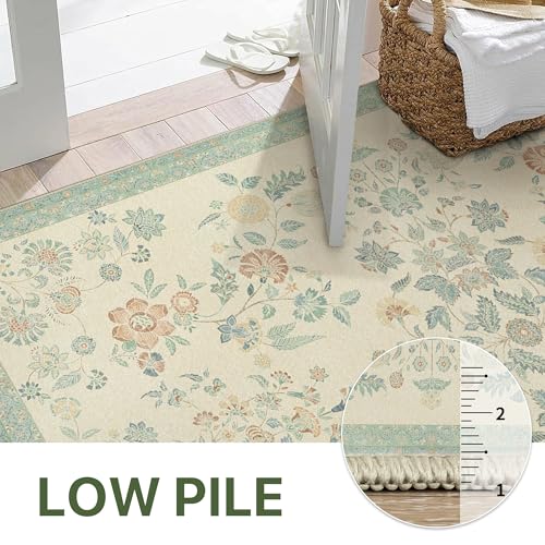 GENIMO 6x9 Area Rugs for Living Room, Machine Washable Non Slip Vintage Rugs, Low Pile Lightweight Chenille Print Rug for Bedroom, Dining Room, Home Office, Beige/Green