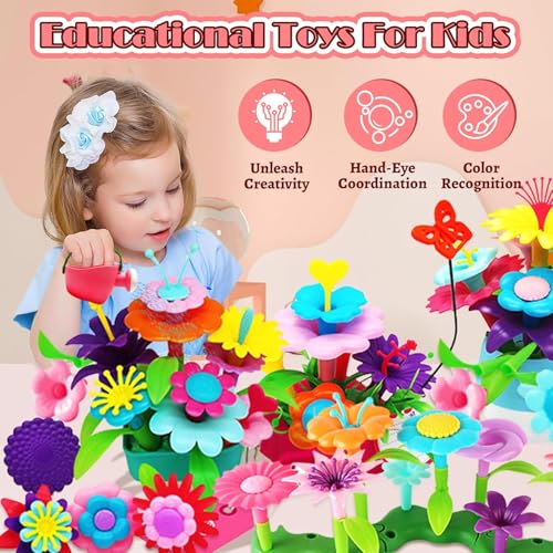 Image of FUNZBO 99pcs Girls Flower Garden Building Toys Set - Spring Toys for 3 4 5 6 7 8 9 Years Old Girls, STEM Montessori Educational Toys for Toddlers Kids,Sorting & Stacking Toy for Birthday Gifts